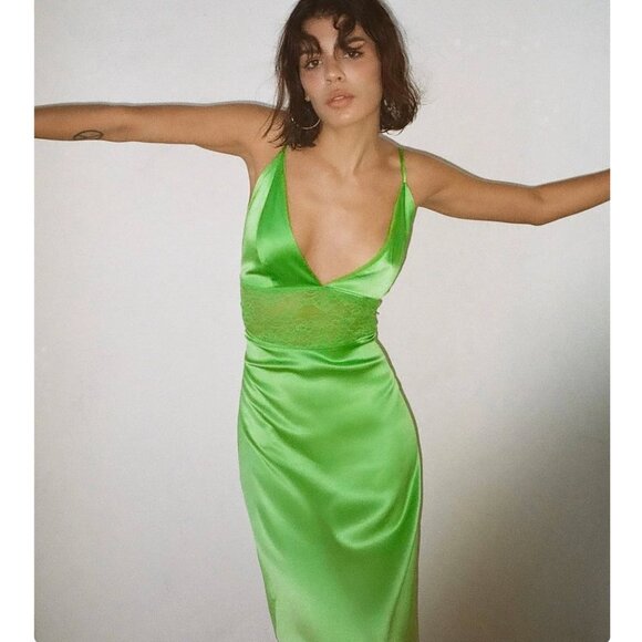 Zara Satin Effect Lace Slip Maxi Dress Green Blogger Fave  Size Small - Picture 1 of 9